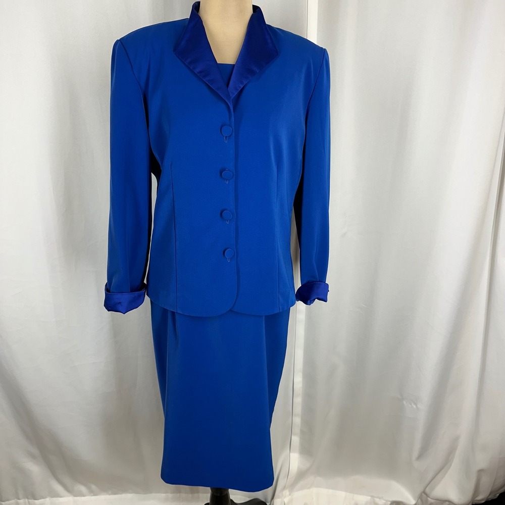 Vintage Positive Attitude Cobalt Blue Dress Jacket Suit Set Size 14 Made USA